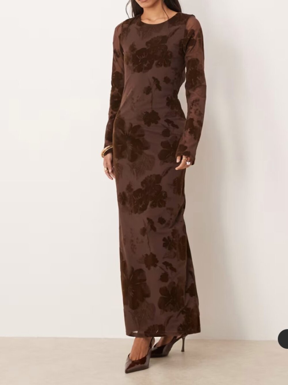 NWT Gina Tricot rose print mesh burnout open back maxi dress in dark brown